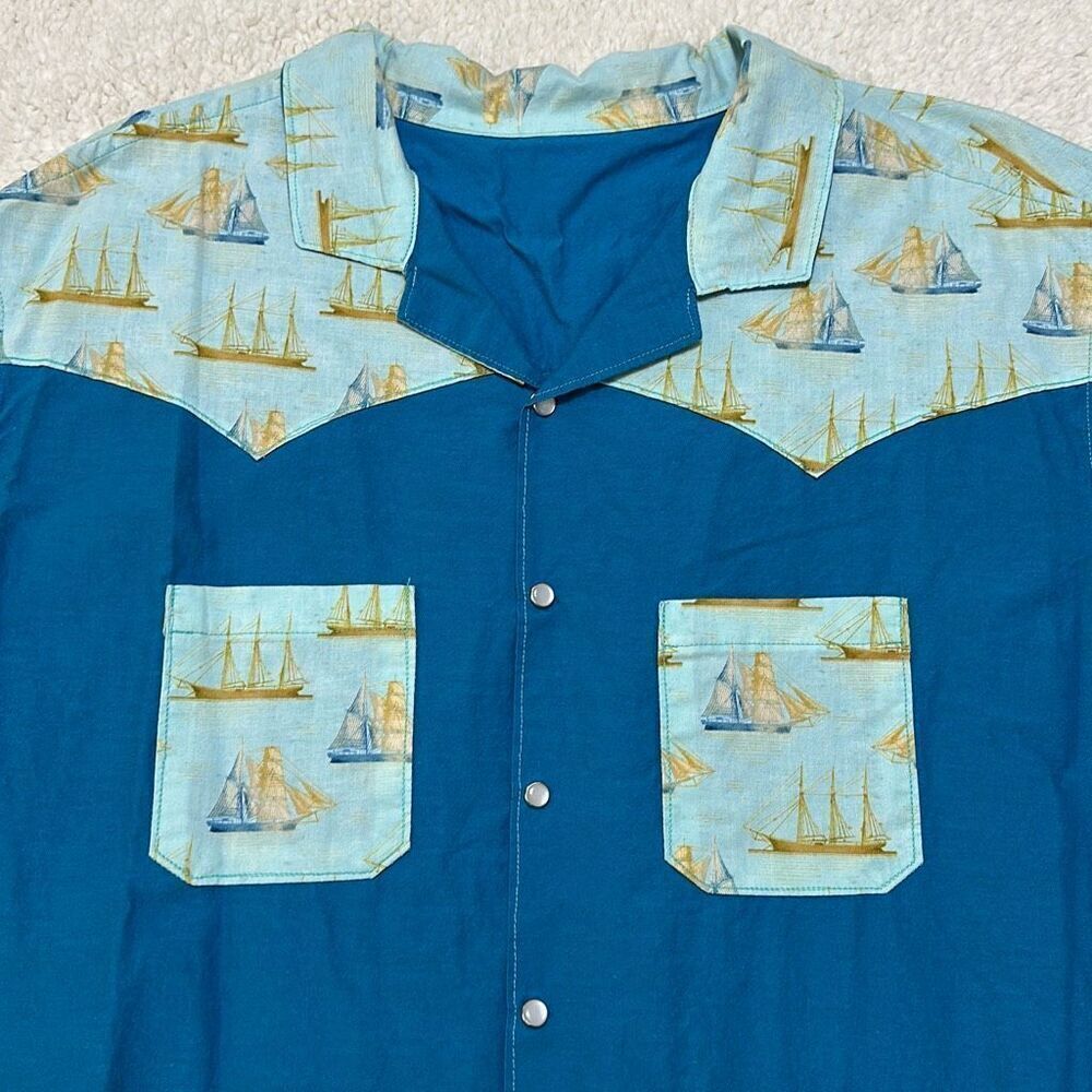 Western Style Sail Boats Blue Hand Made Button Down Shirt
